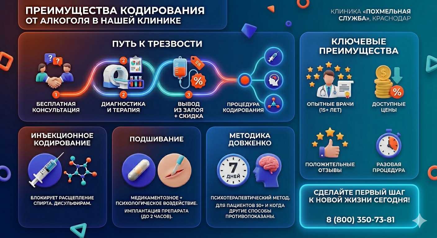 Инфографика о методах кодирования от алкоголя в Рефтинском: инъекции, подшивание, метод Довженко. Преимущества клиники и этапы лечения.