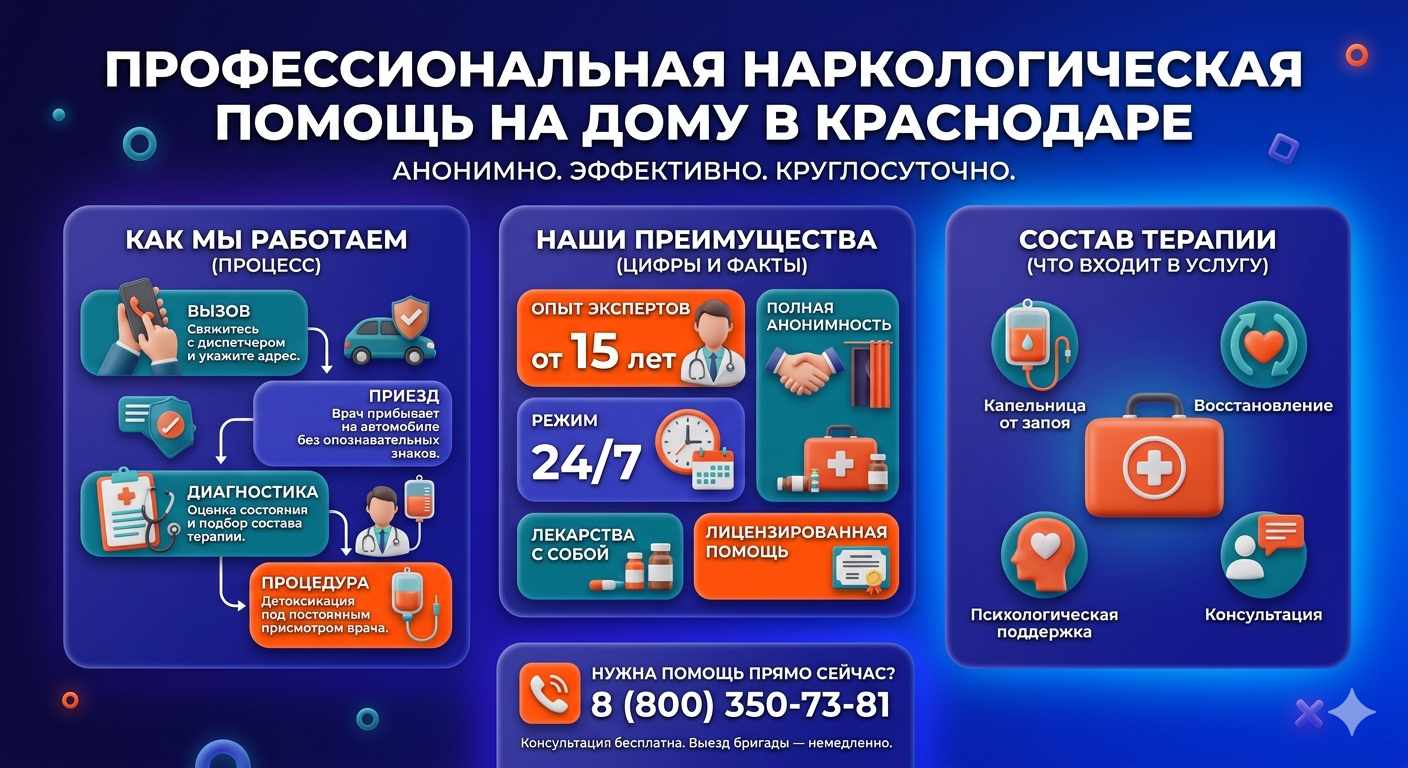 Инфографика о принципах лечения алкоголизма на дому в Рефтинском: этапы вызова нарколога, преимущества анонимной детоксикации и состав медицинской помощи.